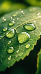 Fototapeta premium Leaf adorned with glistening water droplets, capturing the beauty of nature's delicate details and highlighting the freshness and tranquility of the greenery in vibrant close-up.