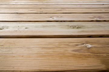 Naklejka premium NEW WOODEN FLOOR SLATS FOR OUTDOOR USE - Central perspective view - Diminishing perspective concept