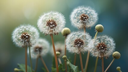 Close-up view of several dandelion seed heads.