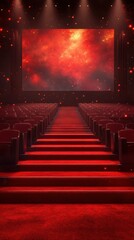 Red carpeted theater with a dramatic screen and empty seating, evoking a cinematic atmosphere with a cosmic theme