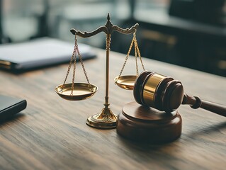 Justice Scales  Gavel on Desk.