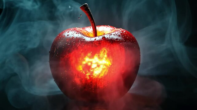 Glowing Apple with Smoke and Heat Effects, Featuring a Unique Fire Pattern Inside, Captivating Visual for Creative Projects and Artworks