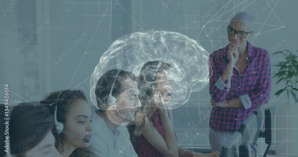 Poster diverse team working at computers with brain and network animation overlay