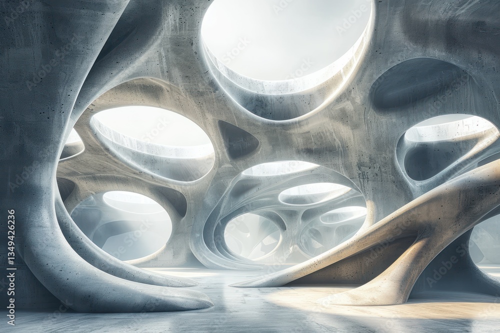 Poster concrete forms create a sculptural interior with smooth curves and diffused light, emphasizing a fut