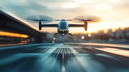 Futuristic Drone Taking Off at Sunset