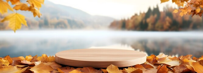 A podium resting on a bed of golden autumn leaves, positioned on the right near a misty lake.