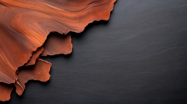 Terracotta-like layers on dark slate.  Atop the stone, a layered design of terracotta material, flowing and overlapping, creating a visually appealing abstract pattern. 