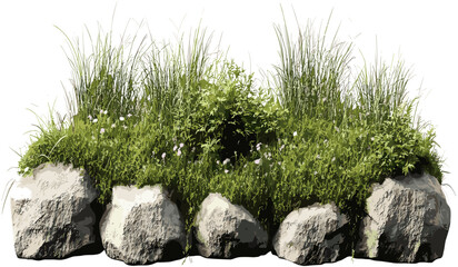 Rock composition vector, grassy fields, lined design, transparent backgrounds, PNG, natural scenery, isolated elements, outdoor illustration, green landscape
