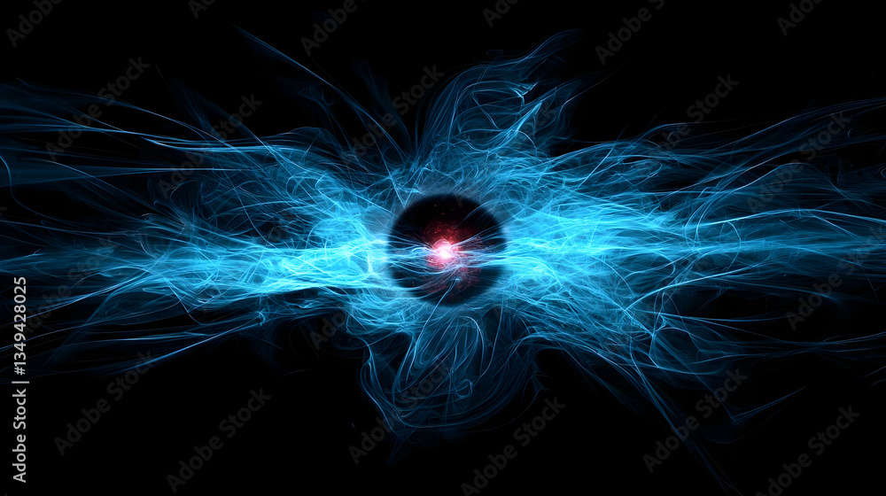Aufkleber abstract digital visualization of a glowing blue energy sphere with particle effects and bright red 