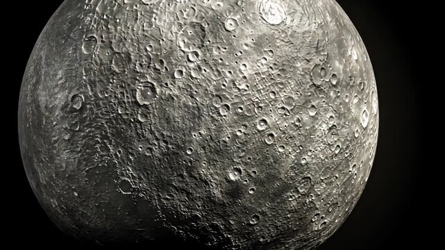 Detailed surface texture of an asteroid or planet with craters against a stark black backdrop, showcasing the natural beauty of celestial bodies in space exploration.