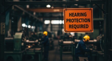 Warning Sign Indicates Hearing Protection Required Inside Manufacturing Facility