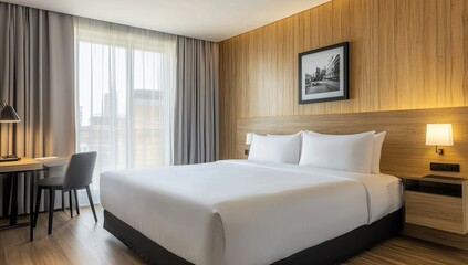 Modern hotel room with a comfortable bed and city views