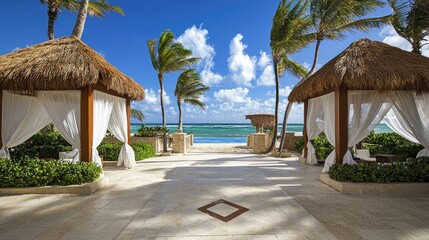 Fototapeta premium A stylish oceanfront resort with private cabanas and lush palm trees swaying in the breeze.