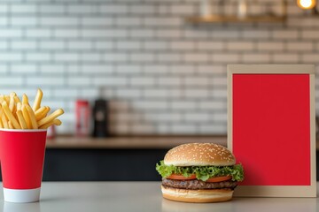Fast Food Menu Board Mockup, placed next to a delicious hamburger and fries on a counter
