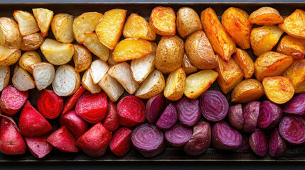 Roasted colorful potatoes, including red, purple, and golden varieties, create vibrant dish