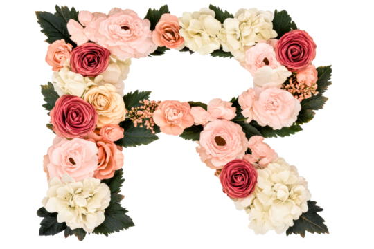 Letter R made with roses, peonies, leaves isolated on black, cut out transparent