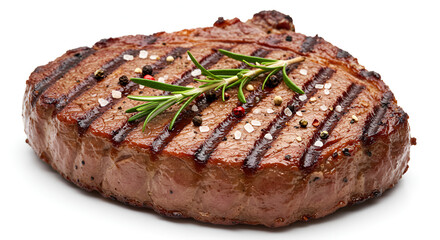  grilled steak with defined char marks, cooked medium-rare, and garnished with fresh rosemary sprigs
