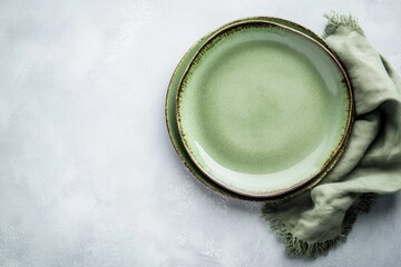 Empty green plates on a light gray surface with a linen napkin