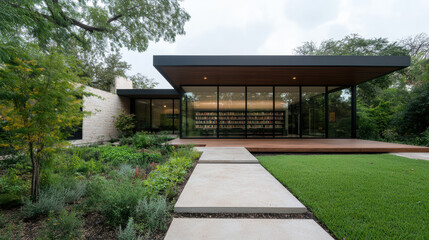 Naklejka premium modern library surrounded by lush garden, featuring sleek design and natural elements