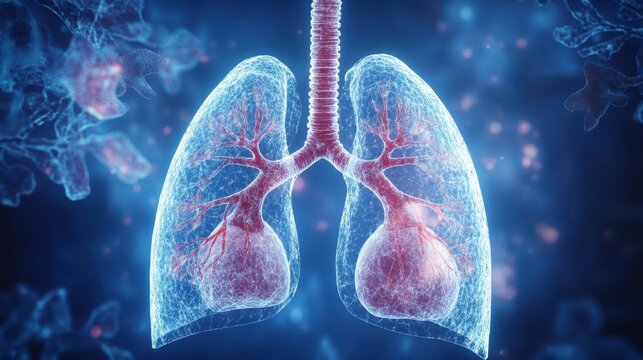 Human Lungs Detailed 3D Medical Illustration Glowing Blue Particles Dark Background