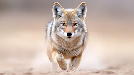 Fototapeta premium Wild coyote running directly towards the camera on dusty ground in natural daylight.