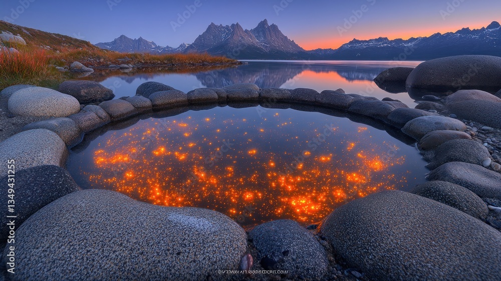 Poster glowing organisms illuminate a tidal pool as dusk settles over a tranquil coastal area