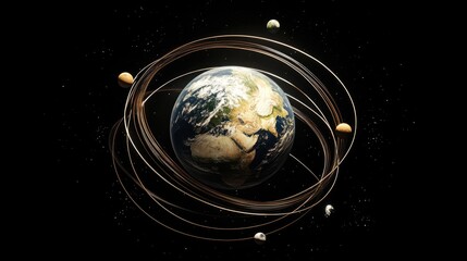 Earth surrounded by orbiting planets, showcasing the solar system in a cosmic landscape with stars