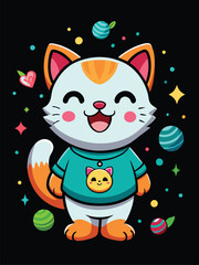 Cute Cartoon Cat with Big Eyes and Smiling Face