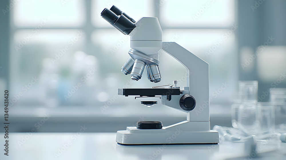 Poster modern microscope on a white lab table