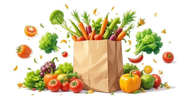 Illustration vectorielle d&rsquo;un sac en papier avec l&eacute;gumes frais sur fond blanc.