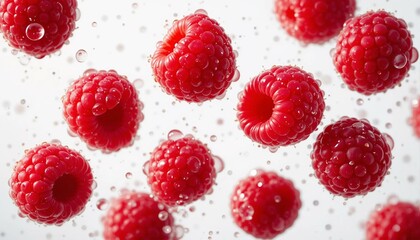 Image réaliste 4K de framboises flottantes sur fond blanc.