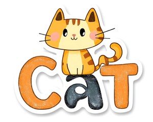 Obraz premium A striped orange cat sitting atop the word cat on a white background.