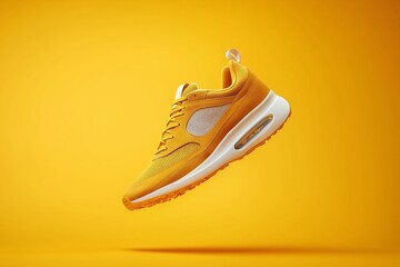 Flying sneakers isolated on a yellow background