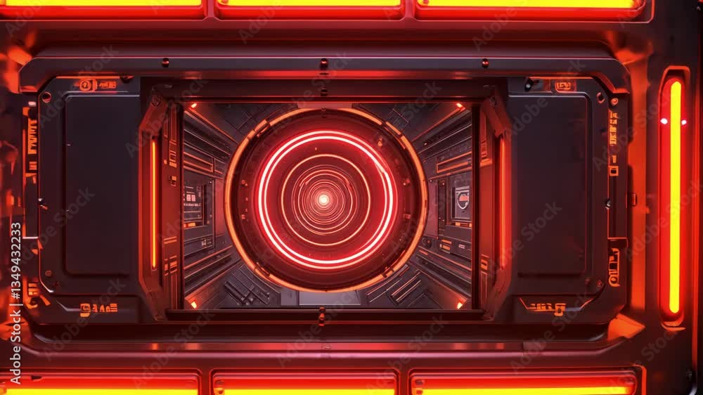 Poster futuristic tunnel with glowing red lights and intricate circular design, showcasing depth and advanc