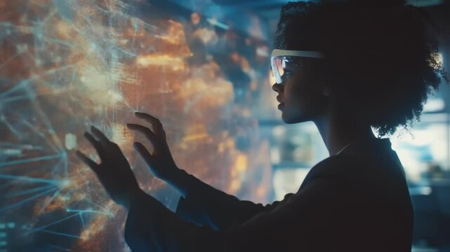 An intimate view of a mixed reality environment where a team is conducting a virtual brainstorming session with layered holograms of sticky notes and sketches appearing in midair enhancing