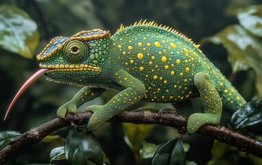 Obraz premium Chameleon hunting, jungle branch, tongue out, foliage background, wildlife