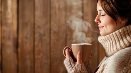 Woman Enjoying Steaming Coffee In Cozy Sweater Indoors