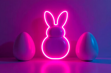 Glowing purple silhouette of a rabbit and two chicken eggs on a neon background. Creative minimalist design for Easter day with copy space