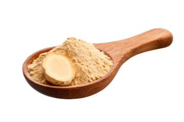 Maca powder with piece in wooden spoon, cut out transparent