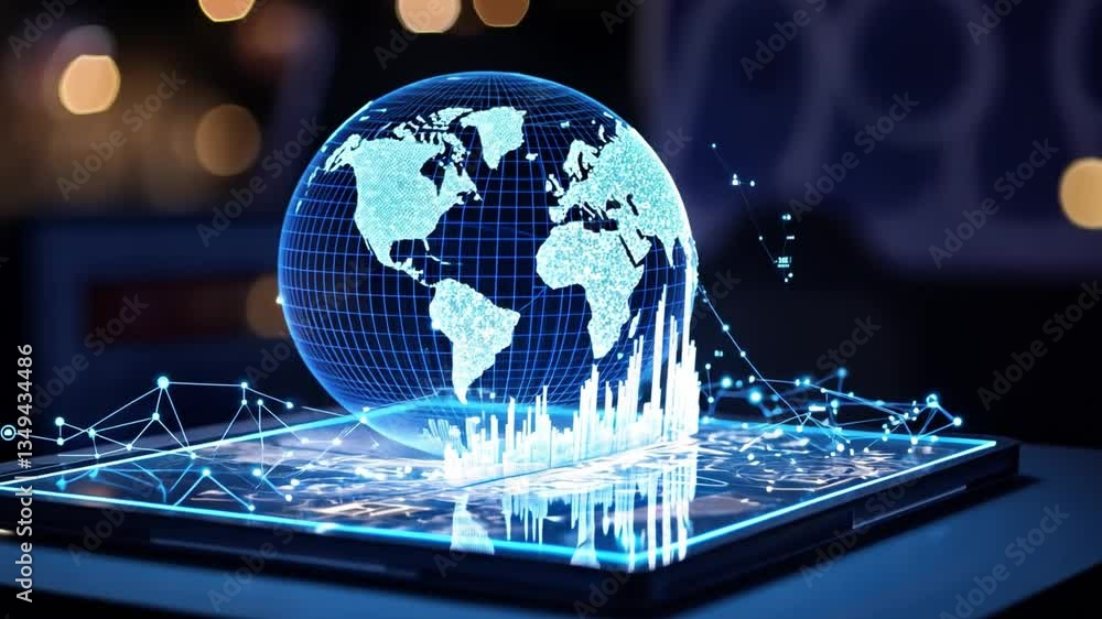 Poster futuristic technology display showing global network connectivity with digital world map and data vi