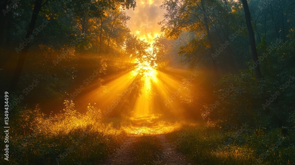 Poster sun rays penetrating through tranquil forest path at dawn or dusk