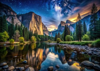 Yosemite Valley's west end: starry nights, majestic cliffs mirrored in the river's glow.