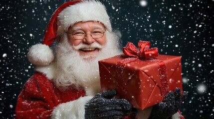 Jolly Santa Claus Holding a Red Gift Box in Snowy Winter Setting