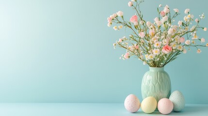 A serene spring arrangement featuring a pastel vase with flowers and decorated eggs on a soft blue background