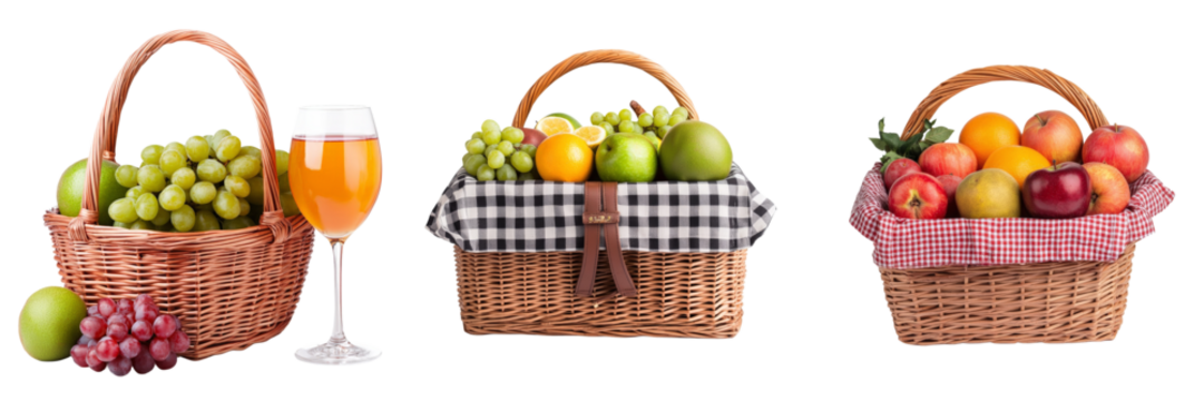 Fresh Fruit Baskets with Juicy Grapes and Refreshing Orange Beverage