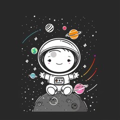Smiling Cartoon Robot Astronaut Floating in Space with Planets and Stars