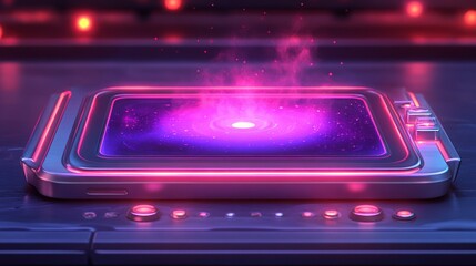 Glowing purple nebula contained within futuristic tech