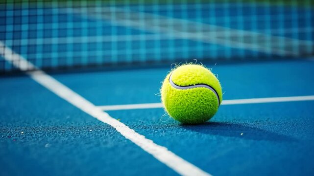 Vibrant Yellow Tennis Ball on Blue Court Capturing Dynamic Energy of Outdoor Sport and Recreation with Net in Background