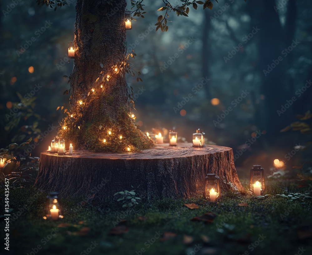 Poster a serene forest scene featuring a tree stump adorned with glowing lights, creating a magical and enc