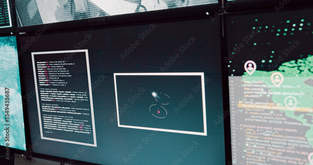 Aufkleber Computer, screen and satellite for security safety of global surveillance, coding and monitor worldwide. Online, map and location of war investigation, programming and script update of law protection